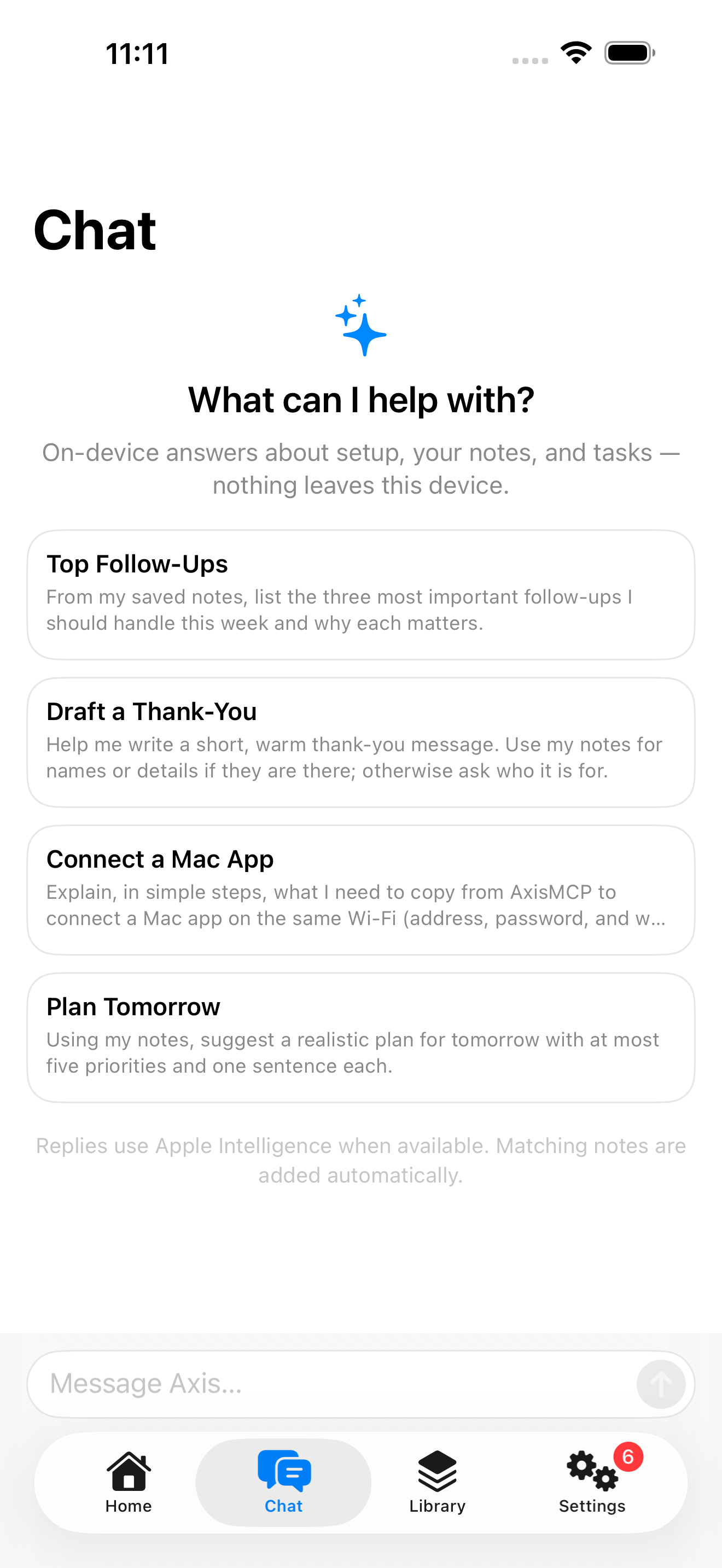 AxisMCP Chat tab answering questions on-device with Apple Intelligence.